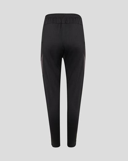 Black athletic pants shown from the back, featuring a gathered elastic waistband and subtle side panel detailing, set against a solid light gray background.