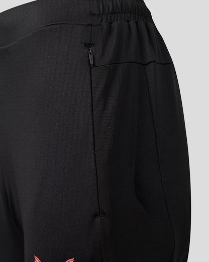 Close-up of black athletic pants showing the side pocket with a zipper, elastic waistband, and a small pink logo near the bottom hem.