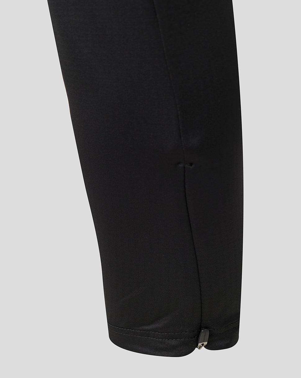 Close-up of the lower leg of black pants showing a side seam and a small metal zipper pull at the hem, set against a solid light gray background.