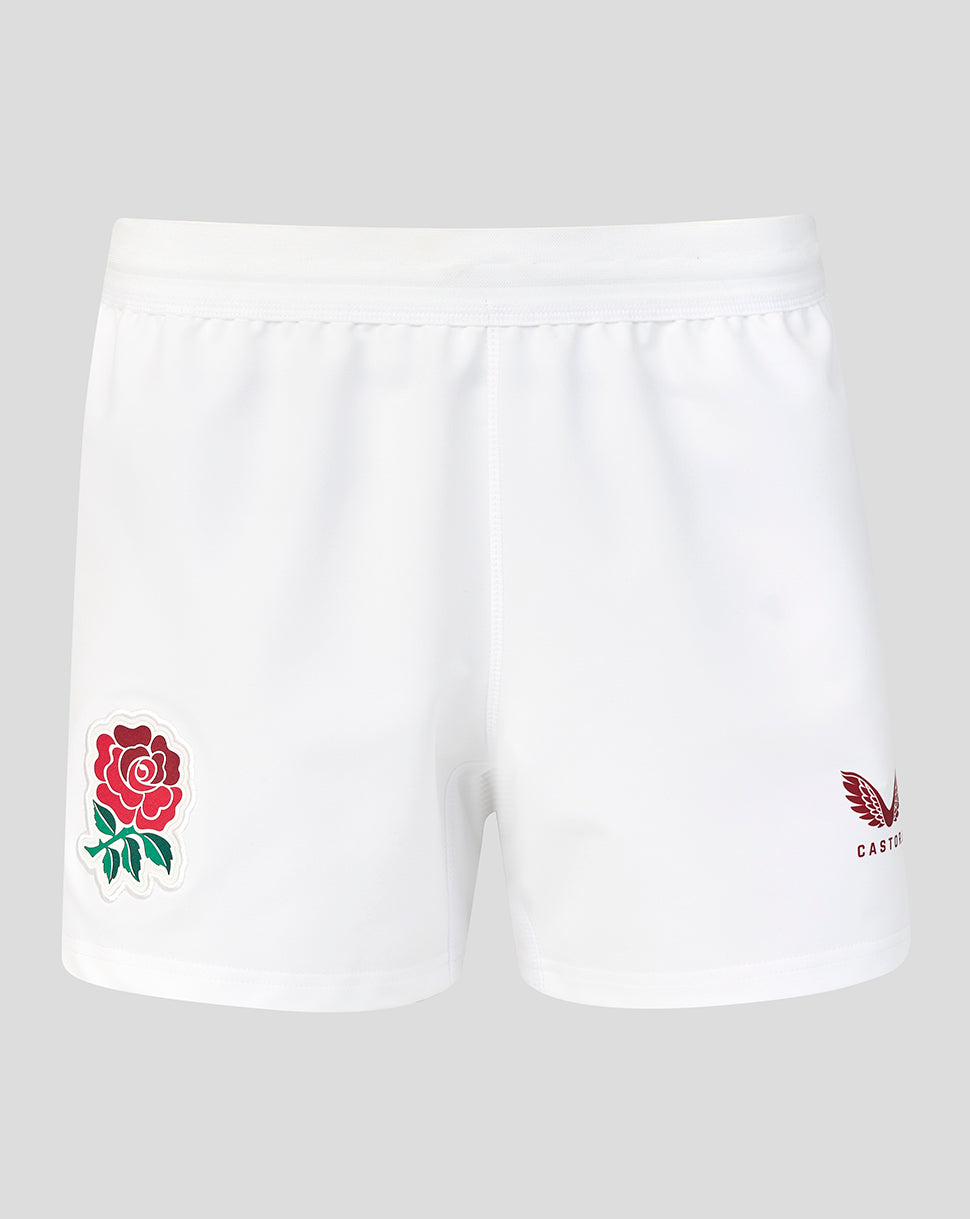 White shorts with a red rose emblem on a gray background