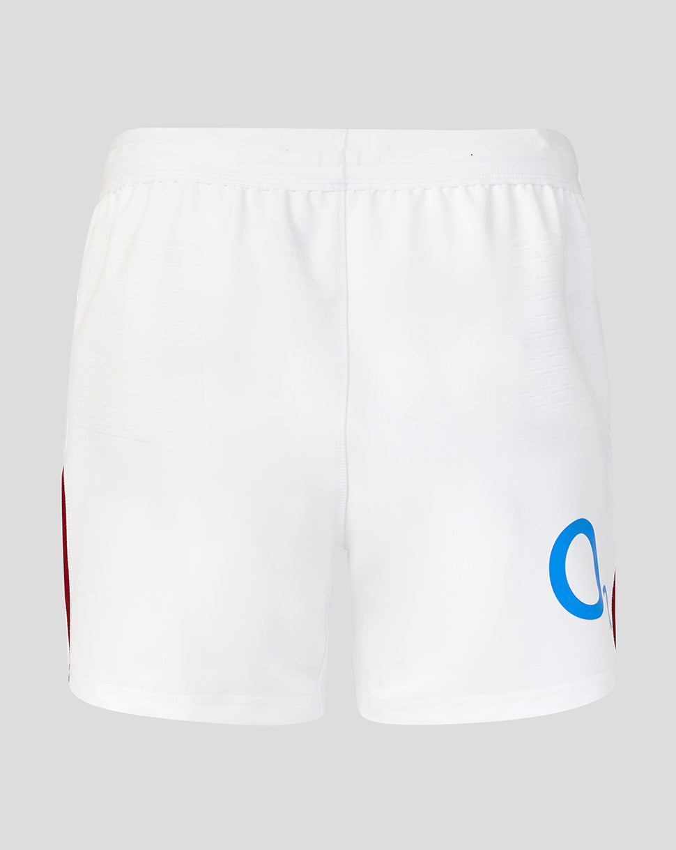 White shorts with a logo on a light gray background