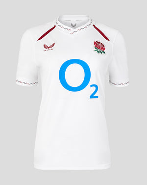 White sports jersey with blue 'O2' logo and red rose emblem on a light gray background