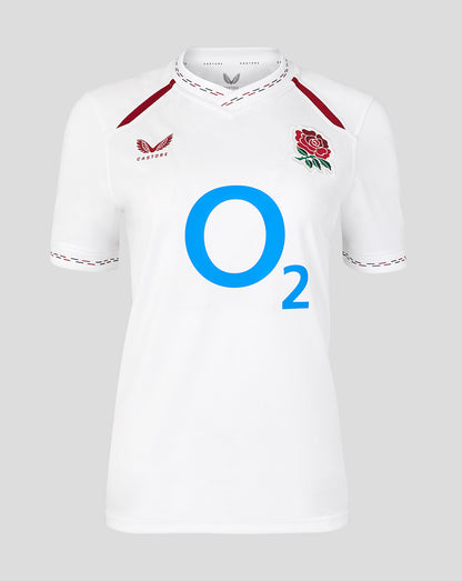 White sports jersey with blue 'O2' logo and red rose emblem on a light gray background