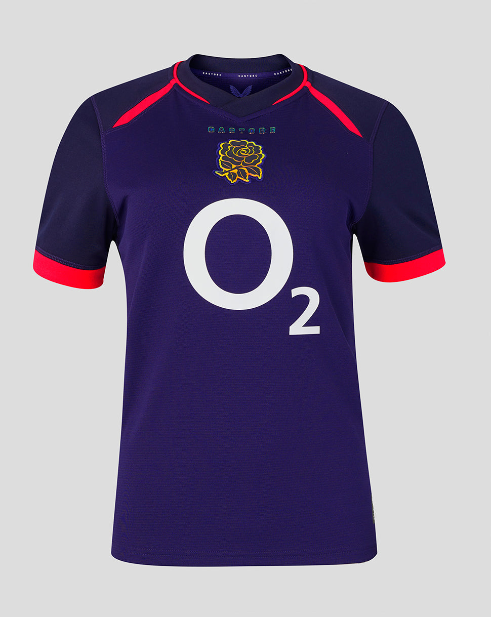 Navy blue sports jersey with red accents and a logo on a gray background