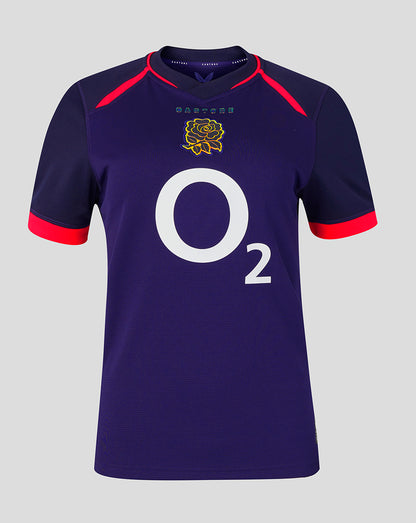 Navy blue sports jersey with red accents and a logo on a gray background