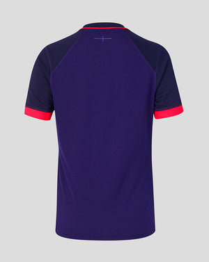 Navy blue sports jersey with red accents on a gray background