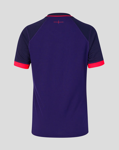 Navy blue sports jersey with red accents on a gray background
