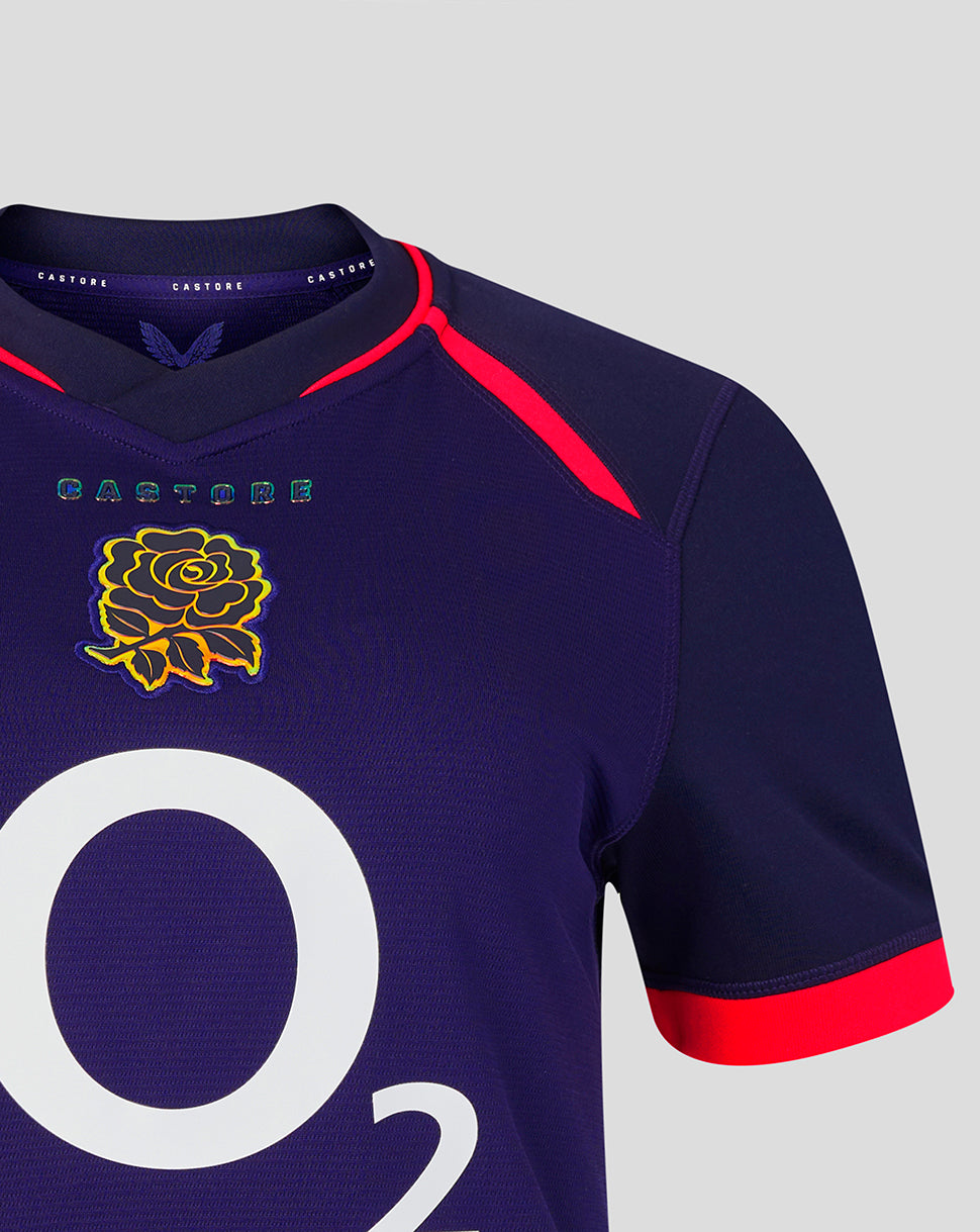 Navy blue sports jersey with red accents and a yellow rose emblem on a light gray background