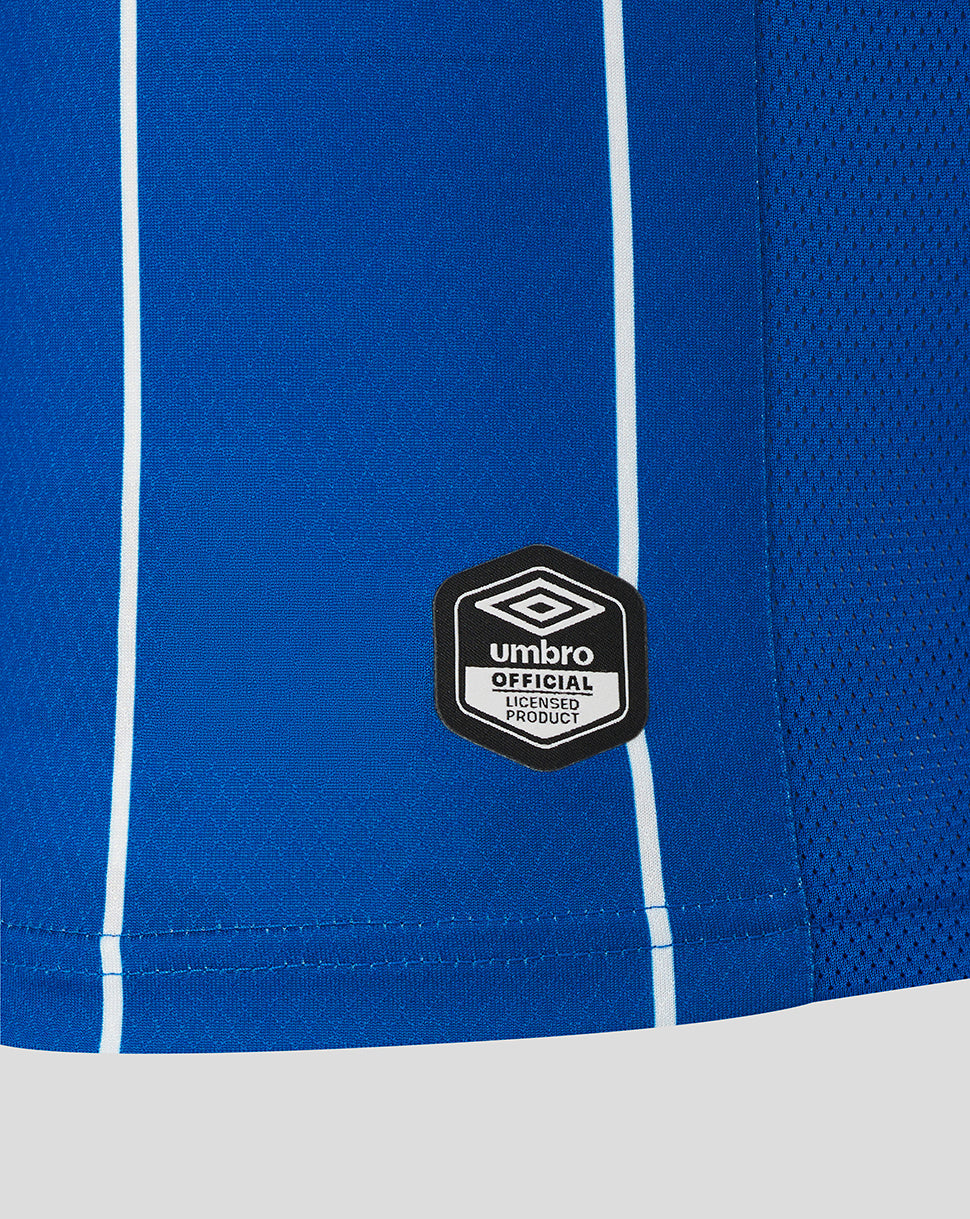 Blue sports shorts with a visible Umbro logo on a white background