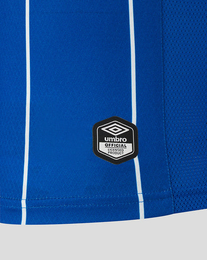 Blue sports shorts with a visible Umbro logo on a white background