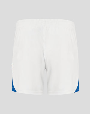 White shorts with blue accents on a light gray background