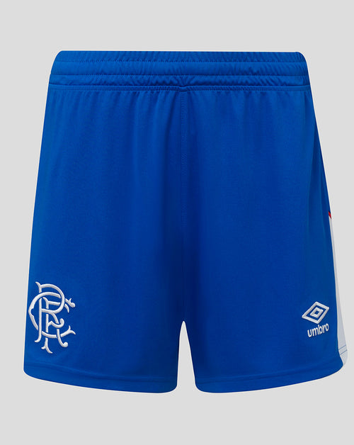 Blue shorts with a logo and brand name on a gray background