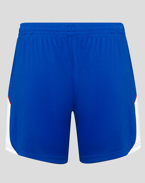 Blue athletic shorts on a light gray background