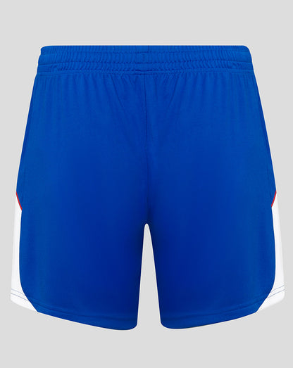 Blue athletic shorts on a light gray background