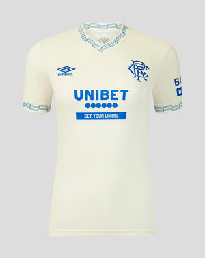White sports jersey with branding on a light gray background
