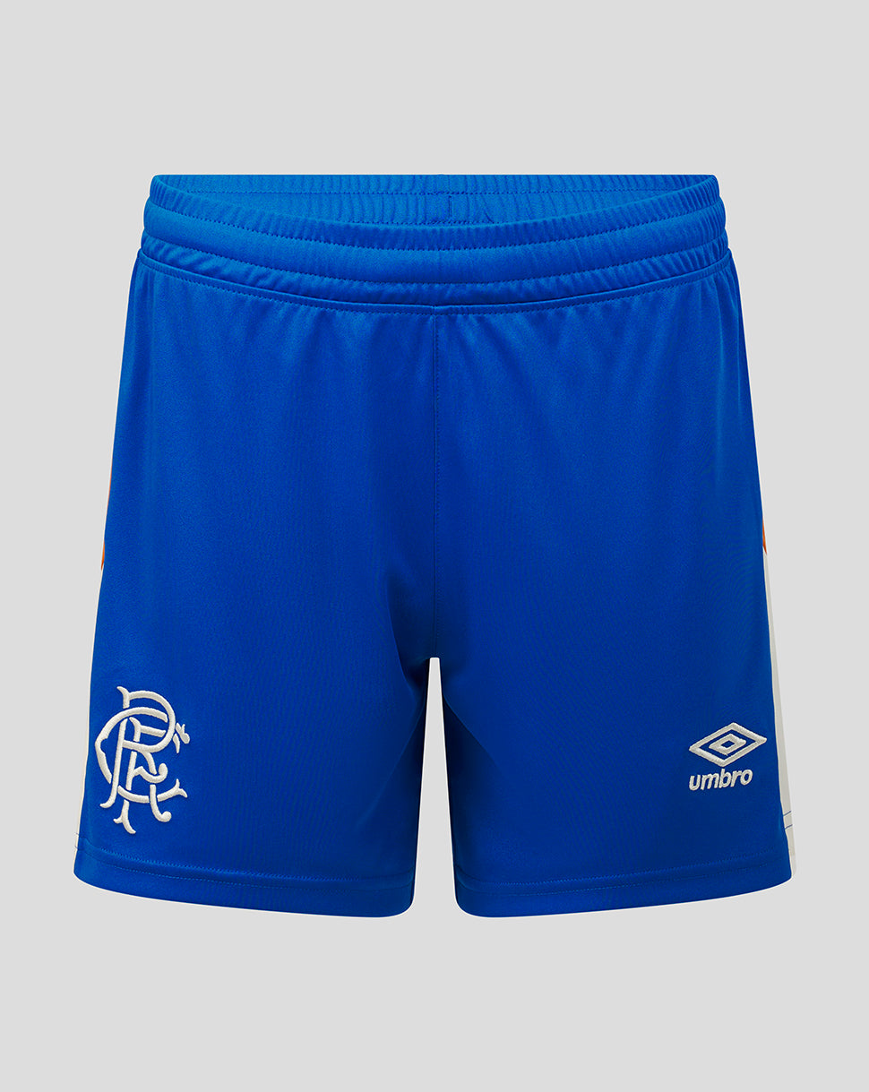 Blue shorts with a logo on a gray background