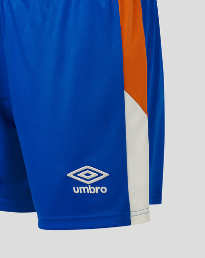 Blue sports shorts with orange and white accents and Umbro logo on a light gray background