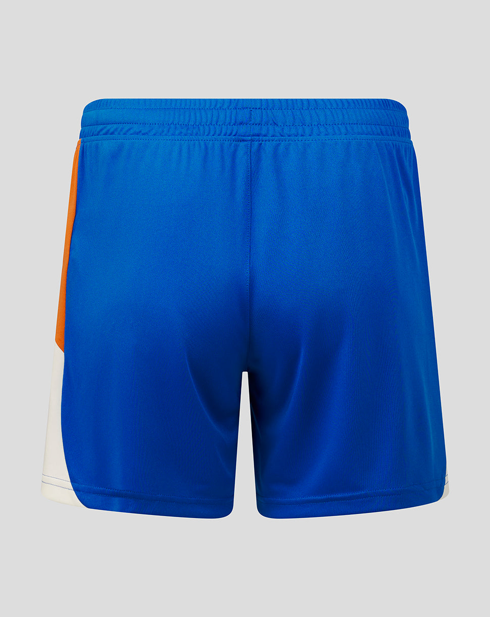 Blue athletic shorts with a white and orange stripe on a gray background