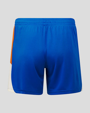 Blue athletic shorts with a white and orange stripe on a gray background