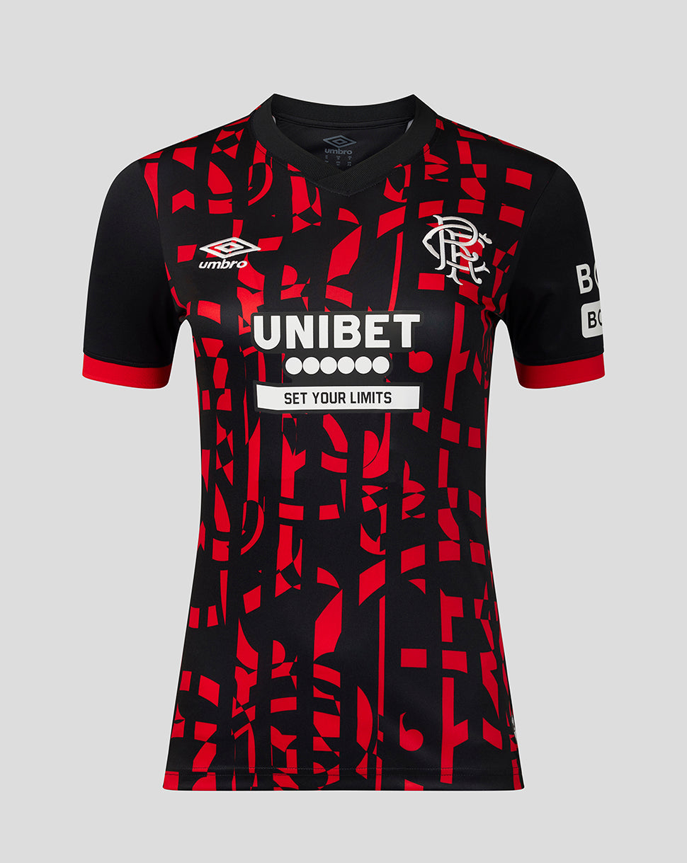 A black and red patterned short-sleeve football jersey with the Umbro logo on the right chest, the Rangers crest on the left chest, and 'UNIBET SET YOUR LIMITS' printed across the center, shown against a solid gray background.