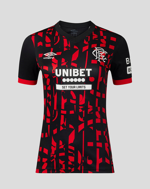 A black and red patterned short-sleeve football jersey with the Umbro logo on the right chest, the Rangers crest on the left chest, and 'UNIBET SET YOUR LIMITS' printed across the center, shown against a solid gray background.
