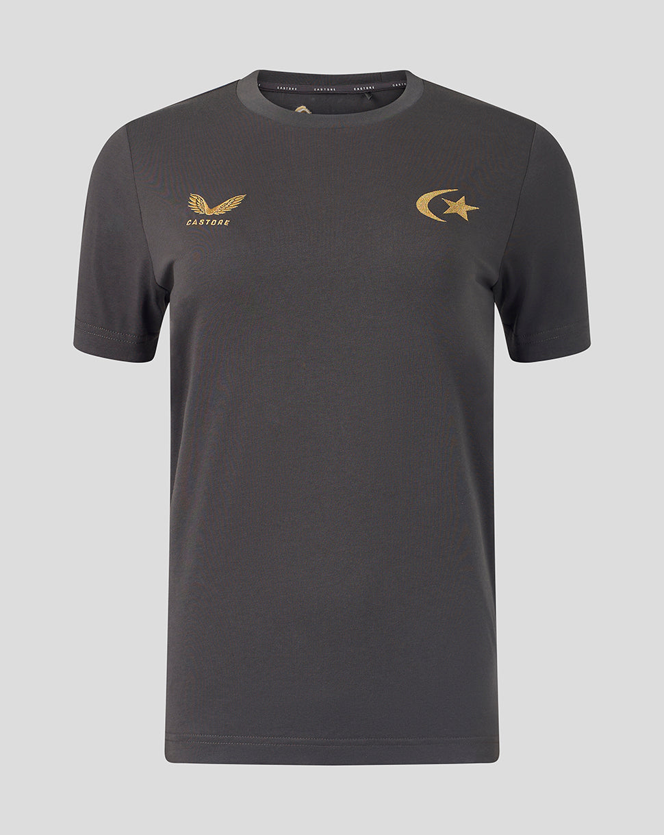 A dark gray crewneck t-shirt with gold logos on the chest, displayed against a solid light gray background.