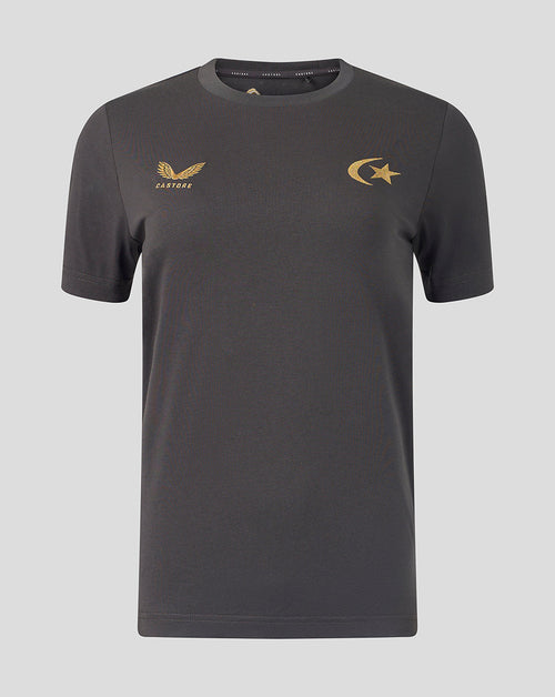 A dark gray crewneck t-shirt with gold logos on the chest, displayed against a solid light gray background.