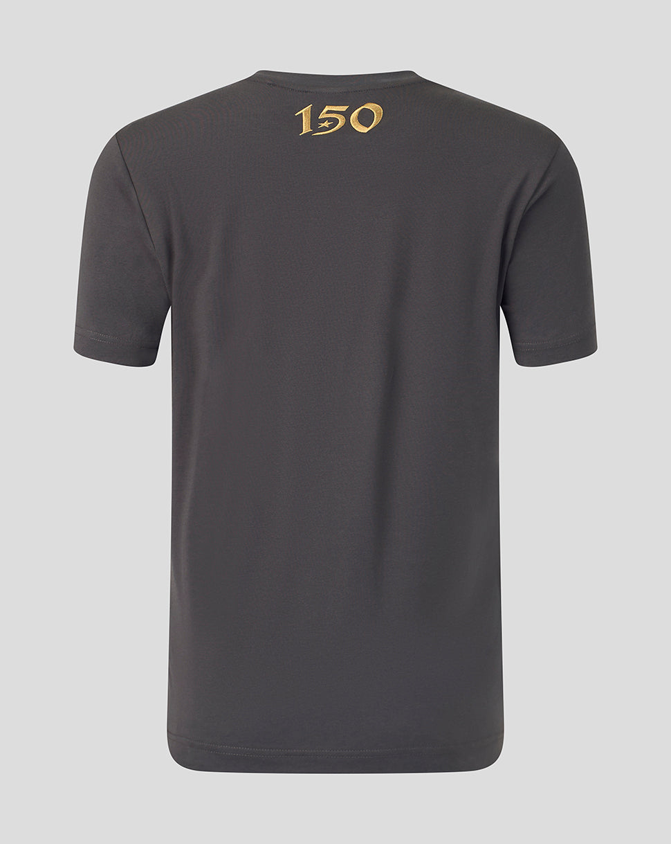 A dark gray short-sleeve t-shirt shown from the back, featuring a gold '150' graphic printed on the upper back, set against a solid light gray background.