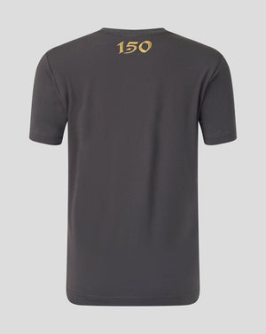 A dark gray short-sleeve t-shirt shown from the back, featuring a gold '150' graphic printed on the upper back, set against a solid light gray background.