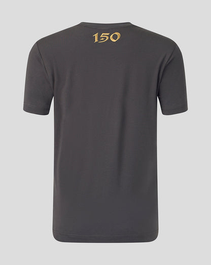 A dark gray short-sleeve t-shirt shown from the back, featuring a gold '150' graphic printed on the upper back, set against a solid light gray background.