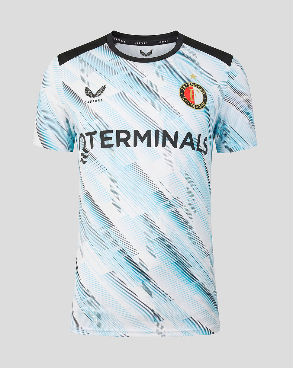 Front view of Feyenoord Women's 2026-2027 Away Matchday Shirt with light blue diagonal pattern and crest.