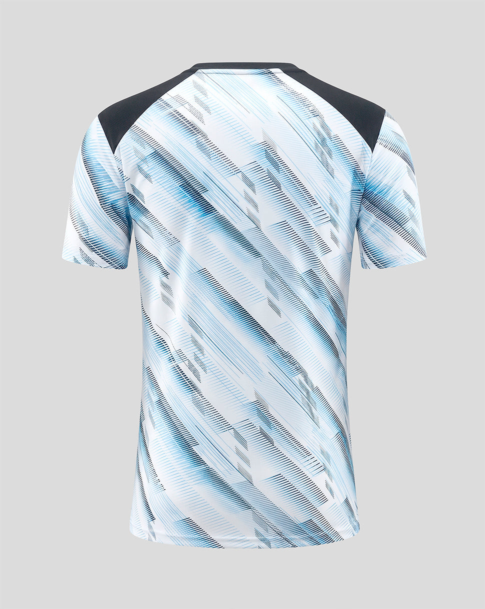 Back view of Feyenoord Women's 2026-2027 Away Matchday Shirt with diagonal blue pattern and black shoulder panels.