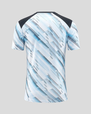 Back view of Feyenoord Women's 2026-2027 Away Matchday Shirt with diagonal blue pattern and black shoulder panels.