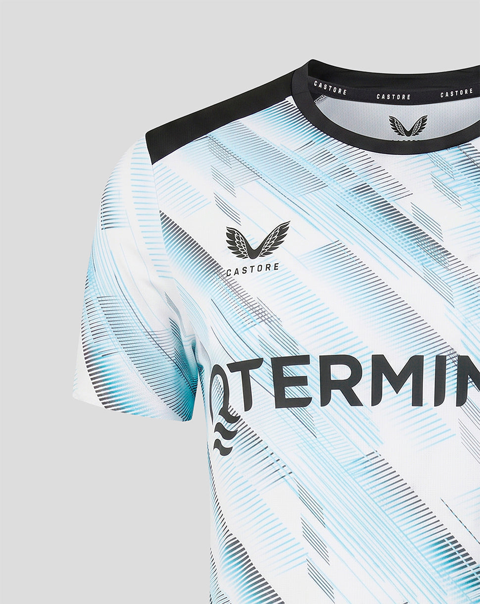 Shoulder and chest view of Feyenoord away shirt with black panel and blue geometric pattern