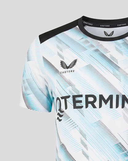 Shoulder and chest view of Feyenoord away shirt with black panel and blue geometric pattern