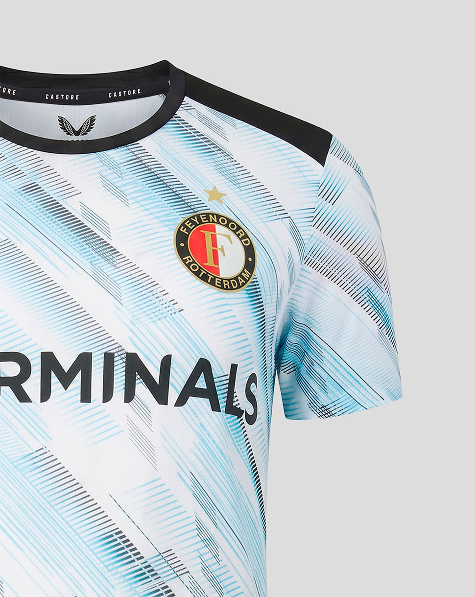 Feyenoord away shirt close up with crest on left chest and blue abstract stripes