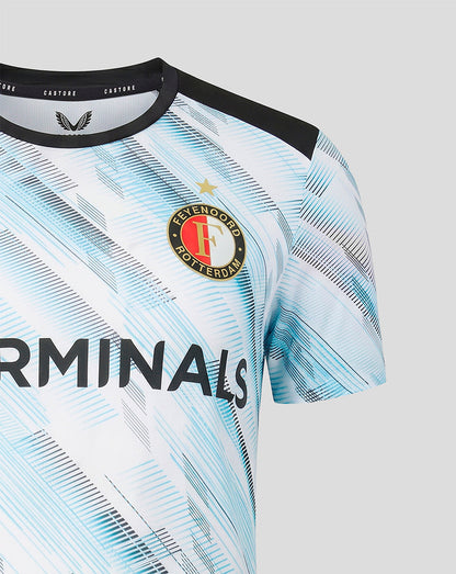 Feyenoord away shirt close up with crest on left chest and blue abstract stripes