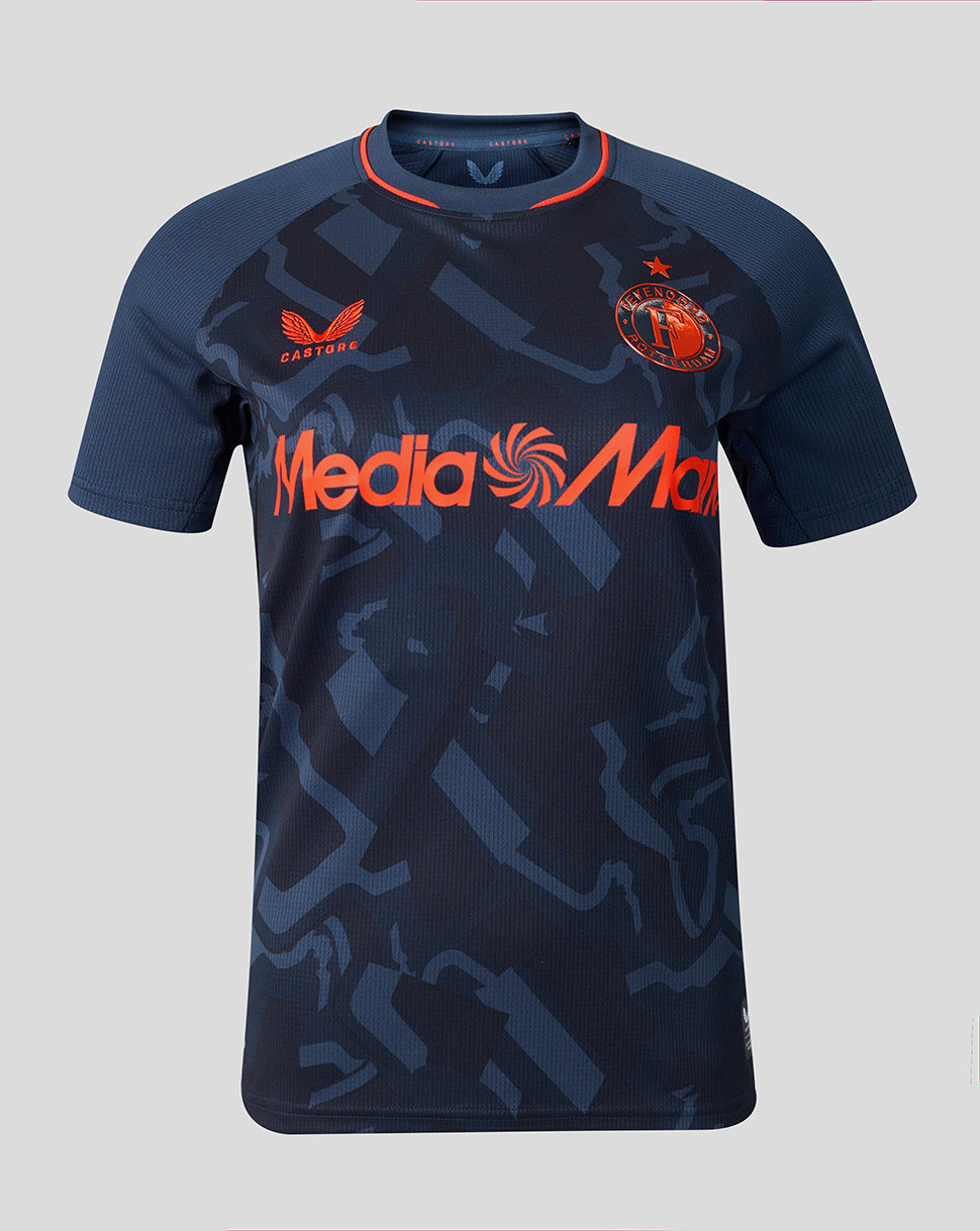 Front view of navy Feyenoord third shirt with orange detailing and crest