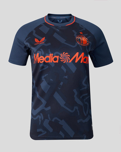 Front view of navy Feyenoord third shirt with orange detailing and crest