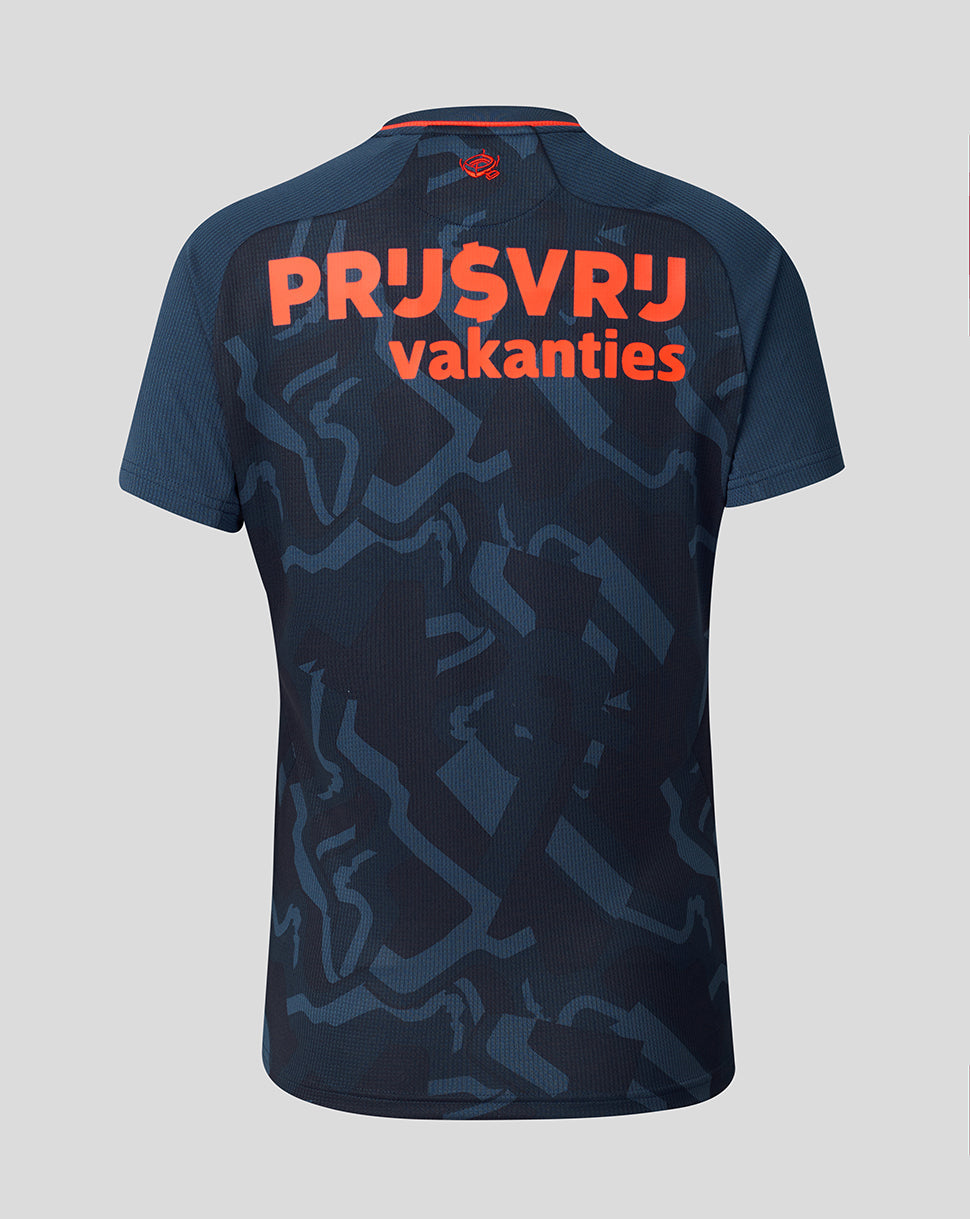 Back view of the Feyenoord women's 2026-2027 third shirt in navy with bold orange graphic across the back.
