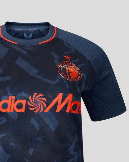 Front chest view of the navy Feyenoord 2026-2027 third shirt showing the club crest on the left and bright orange lettering across the front.