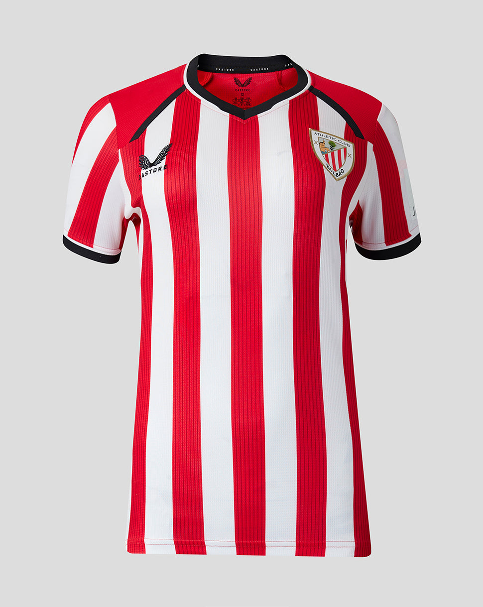 Athletic Club women's home shirt with red and white vertical stripes.