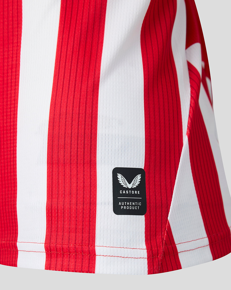 Athletic Club home shirt close-up red and white vertical stripes with Castore authentic product badge