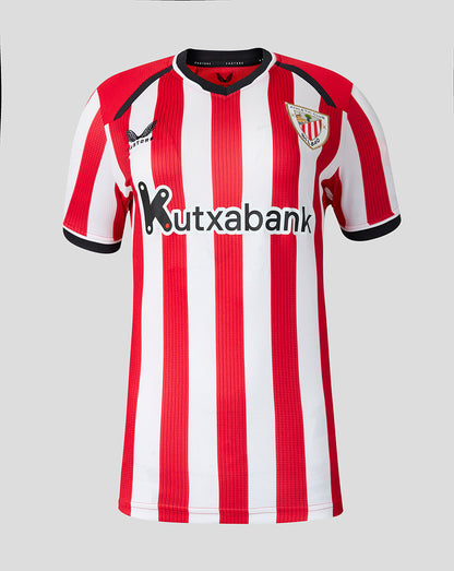 Front view of Athletic Club Women's 26/27 home shirt with red and white vertical stripes and Kutxabank sponsor.