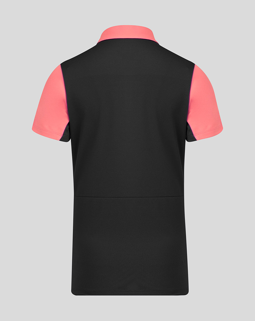 Black t-shirt with pink sleeves on a gray background