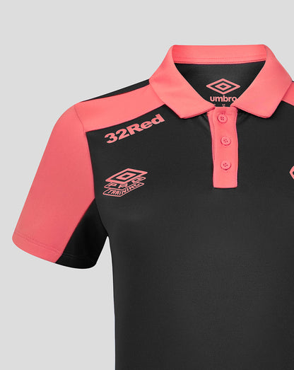 Black and pink polo shirt with '32Red' and Umbro logos on a gray background