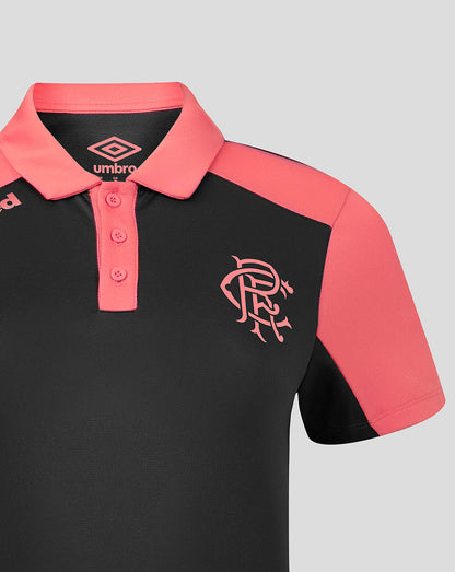Black and pink polo shirt with a logo on a gray background
