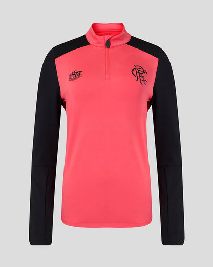 Pink and black long-sleeve sports top with a logo on a light gray background