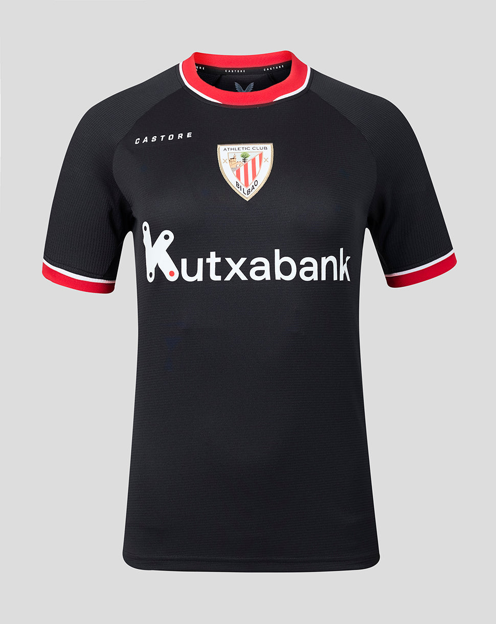 Front view of Athletic Club Bilbao women's away shirt in black with red trim and Kutxabank sponsor.