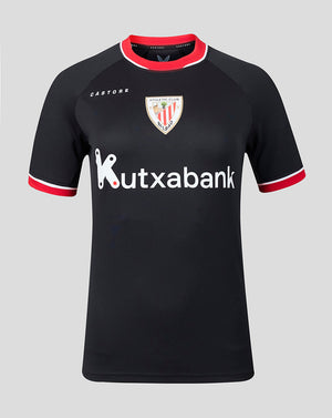 Front view of Athletic Club Bilbao women's away shirt in black with red trim and Kutxabank sponsor.